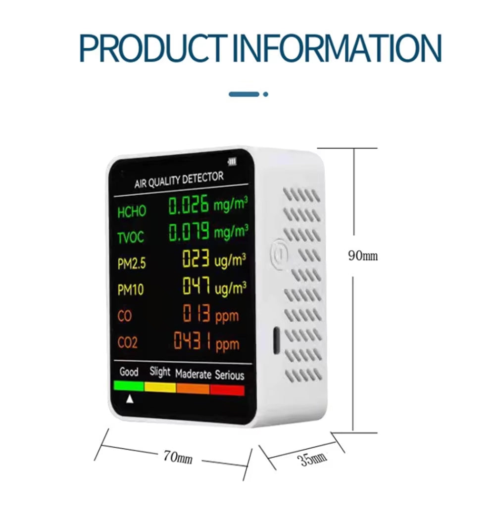 Monitor de calidad del aire interior 6 en 1 con seguimiento en tiempo real de CO2, PM2.5, TVOC, temperatura y humedad para el hogar, la oficina y el dormitorio