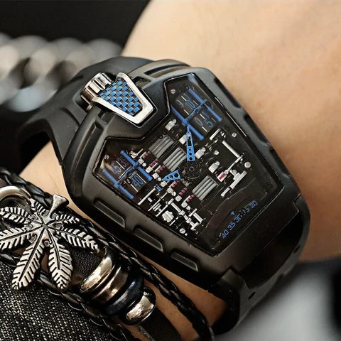 Men's Watch Skeleton Dial Crystal Glass & Silicone Strap
