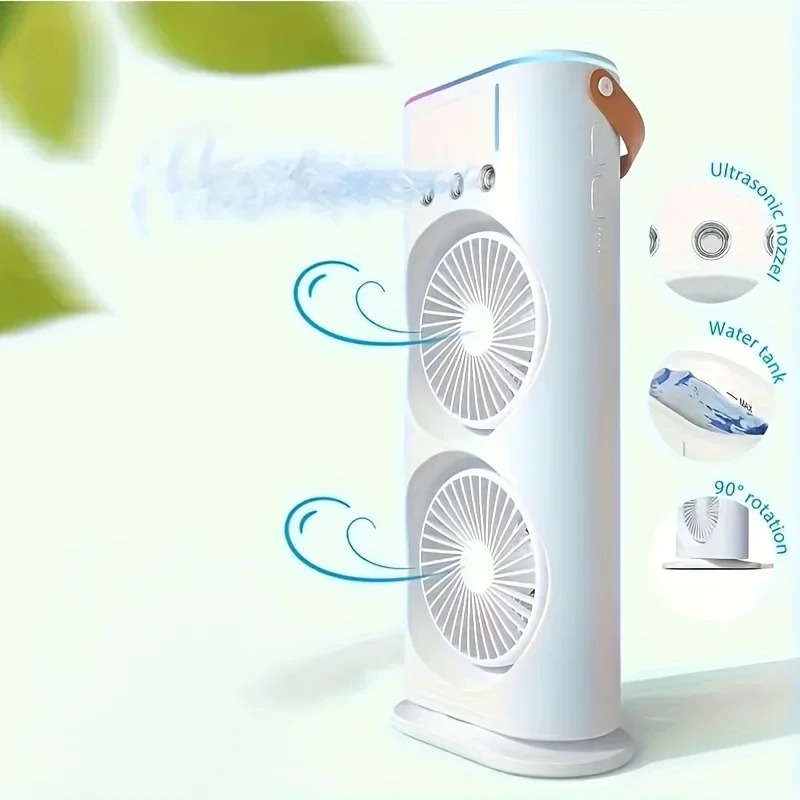 Ventilador de aire acondicionado portátil | Diseño de doble cabezal con rociador de niebla | Recargable por USB para comodidad personal