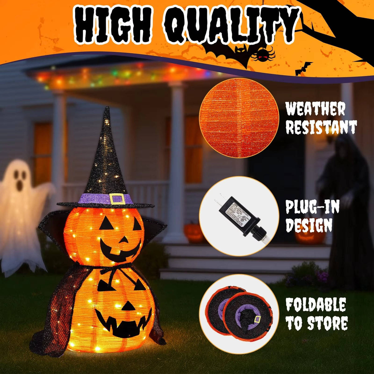Halloween Pumpkins 3 ft 2 Pack, Lighted Pumpkin Decorations with Hat and Cape, Collapsible Giant Pumpkin Halloween Decorations Outdoor