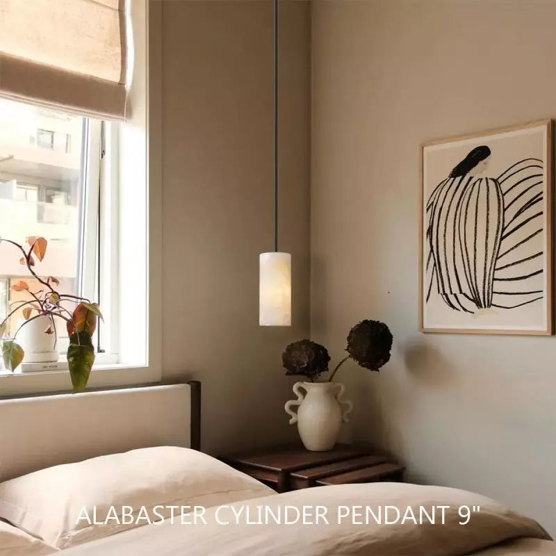 Alabaster Cylinder Pendant Light 9-14 in Natural Stone Single Bulb E26 Hardwire for Kitchen Island Dining Room Bedroom Hallway