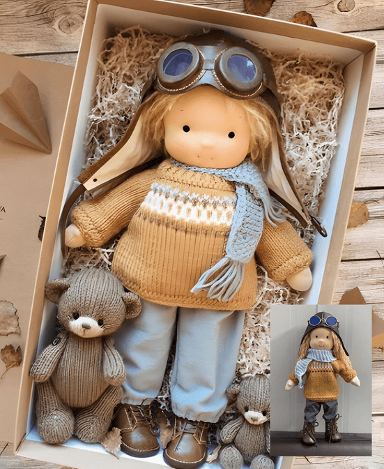 Handcrafted Waldorf Doll with Knitted Outfit – Natural Cotton & Wool Heirloom Toy for Kids 3+