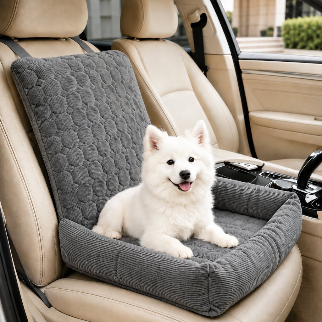 Ortekor High Back Corduroy Pet Car Seat Bed for Dogs & Cats - Cozy Travel Booster Seat with Soft Bolster Support for Comfortable Car Rides & Road Trips