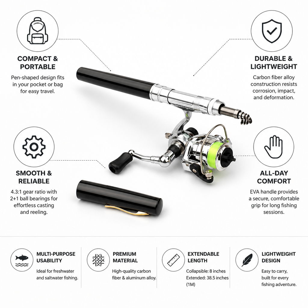 Caña de pescar compacta | Caña de pescar telescópica con diseño ligero | Perfecta para un transporte fácil y una pesca sin complicaciones