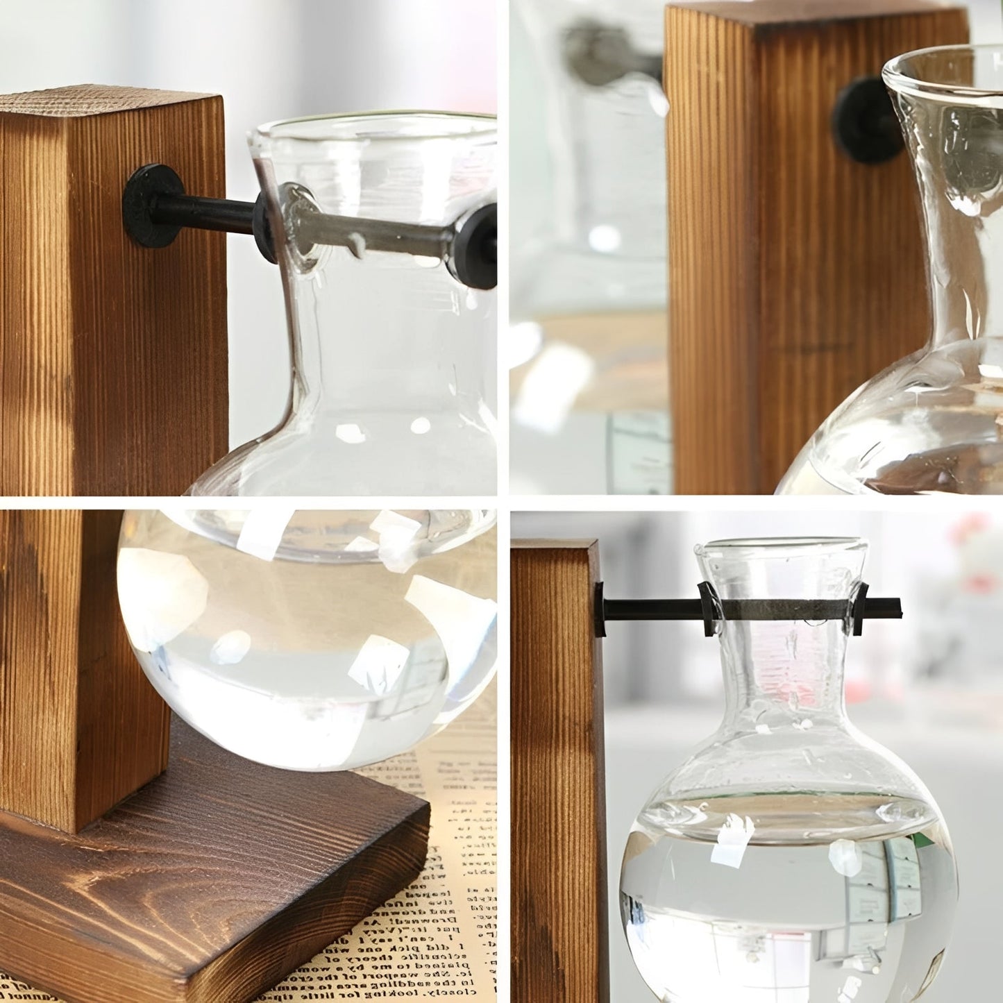 Maceta de cristal para interiores con base de madera