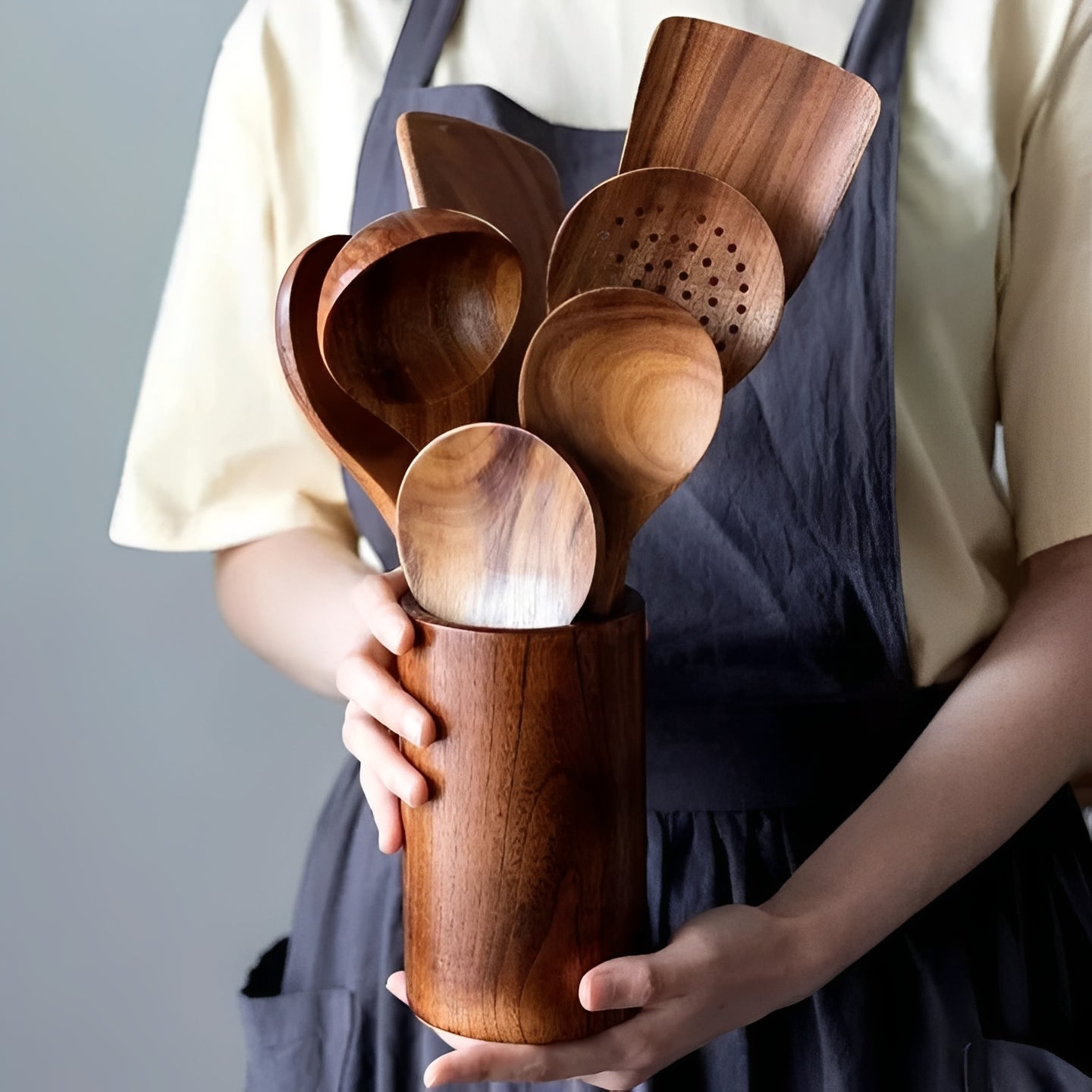Juego de utensilios de cocina de madera natural con mango cómodo