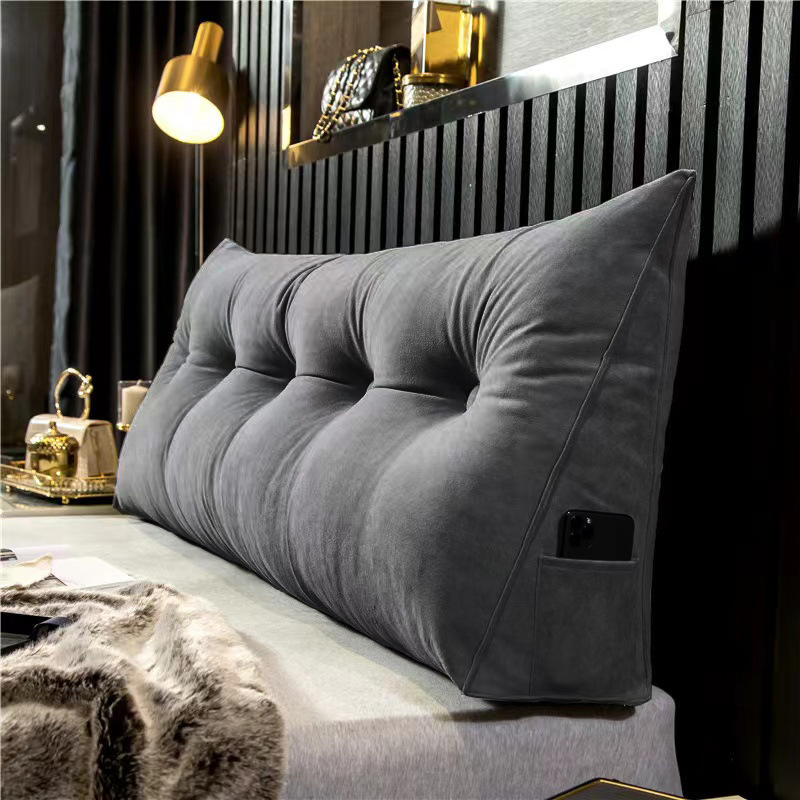 Upholstered Wedge Pillow for Sitting Up in Bed Gray Linen Triangular Back Support with Storage Pocket Bedroom Wall Cushion