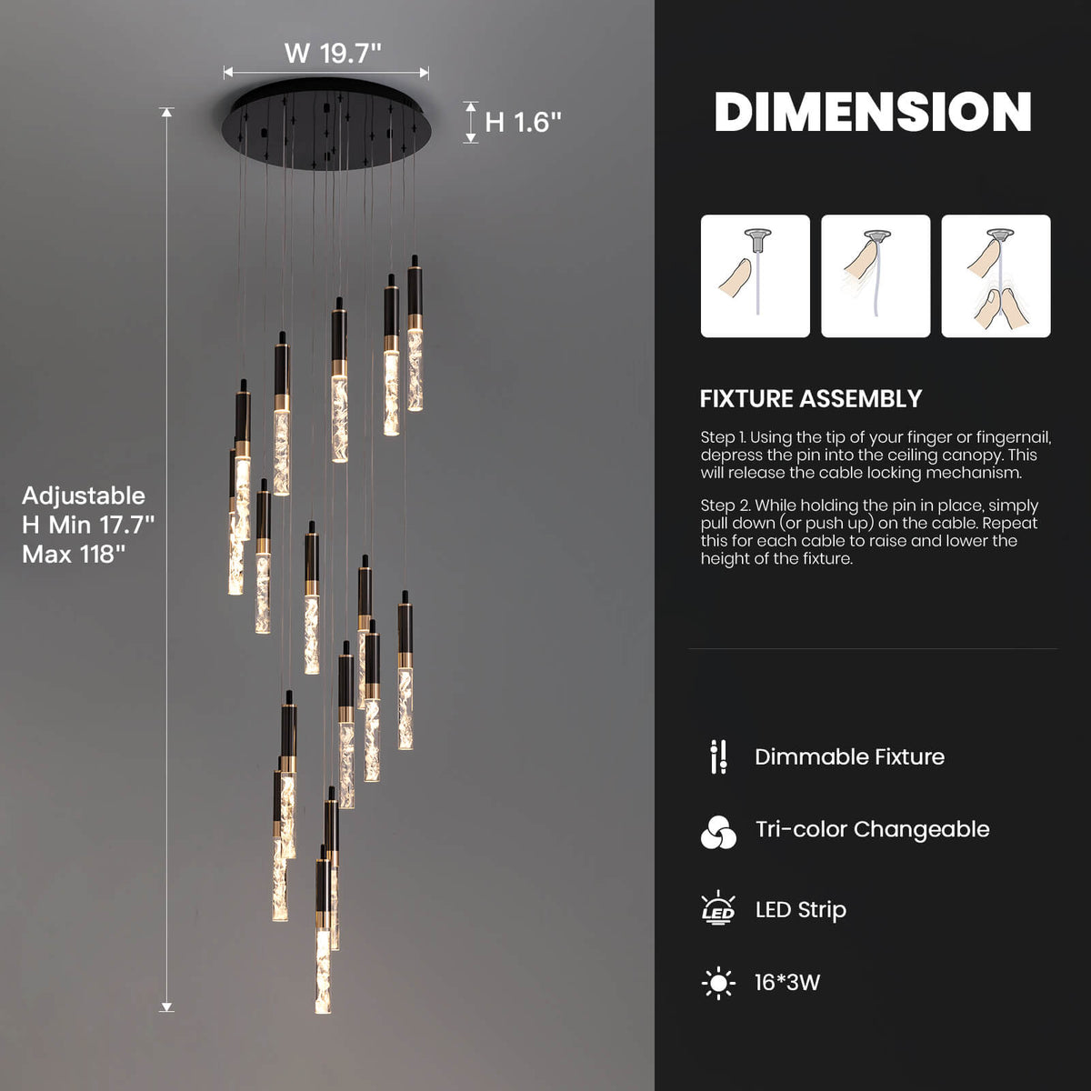LED Crystal Spiral Drop Light for Two-Story Foyer & Staircase - Adjustable 118 in Height, Black Finish, Remote Control, Multi-Tier Waterfall