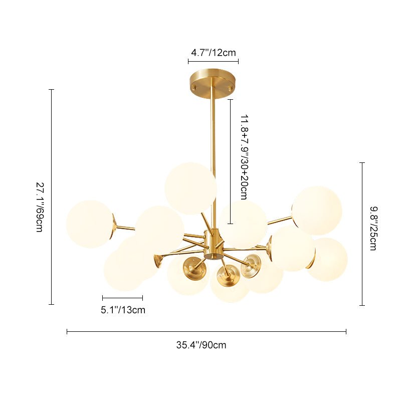 12-Light Mid-Century Ceiling Fixture with Frosted Glass Spheres & Golden Metal Arms for Dining Room, Foyer, Bedroom