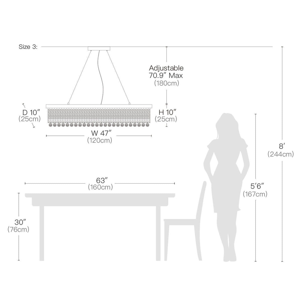 Linear Crystal Chandelier Black Metal Frame Dining Room Kitchen Island Pendant Raindrop E12 Multi-Light Fixture Adjustable Height