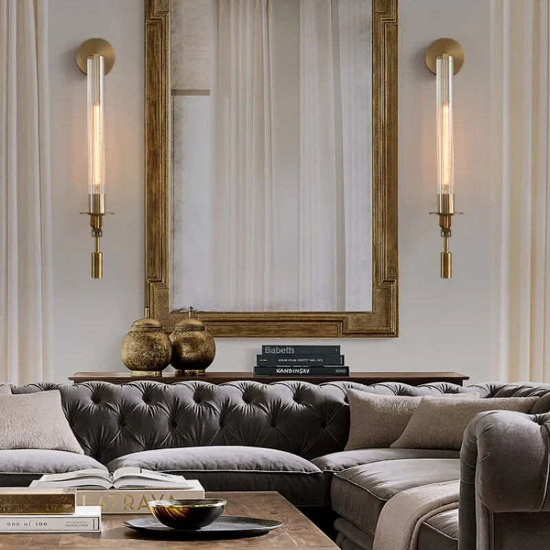 Vertical Glass Sconce with Gold Metal Frame 23 Inch LED Fixture for Bath Vanity Bedroom Hallway Ambient Illumination Contemporary Accent