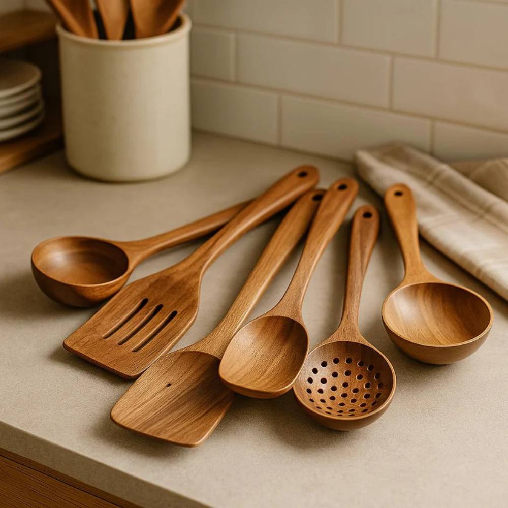 Juego de utensilios de cocina rústicos de madera, duraderos y elegantes