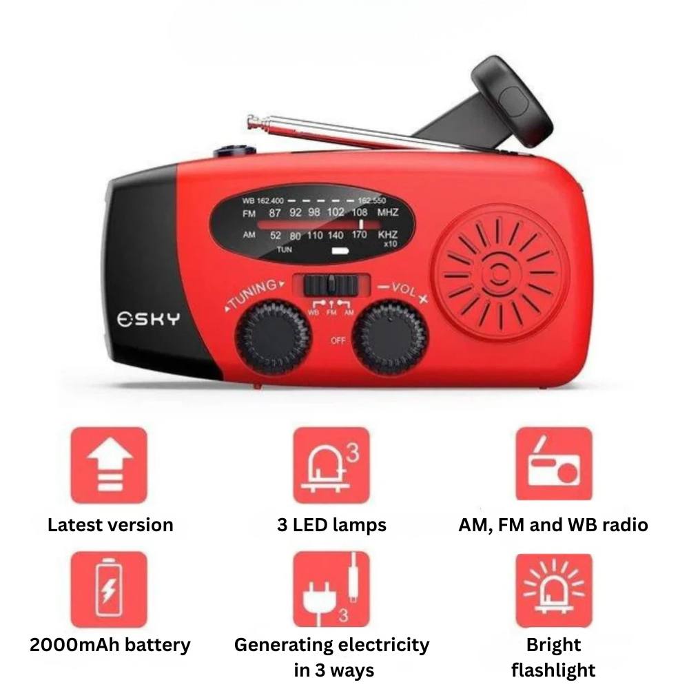 Radio solar portátil con manivela y batería externa