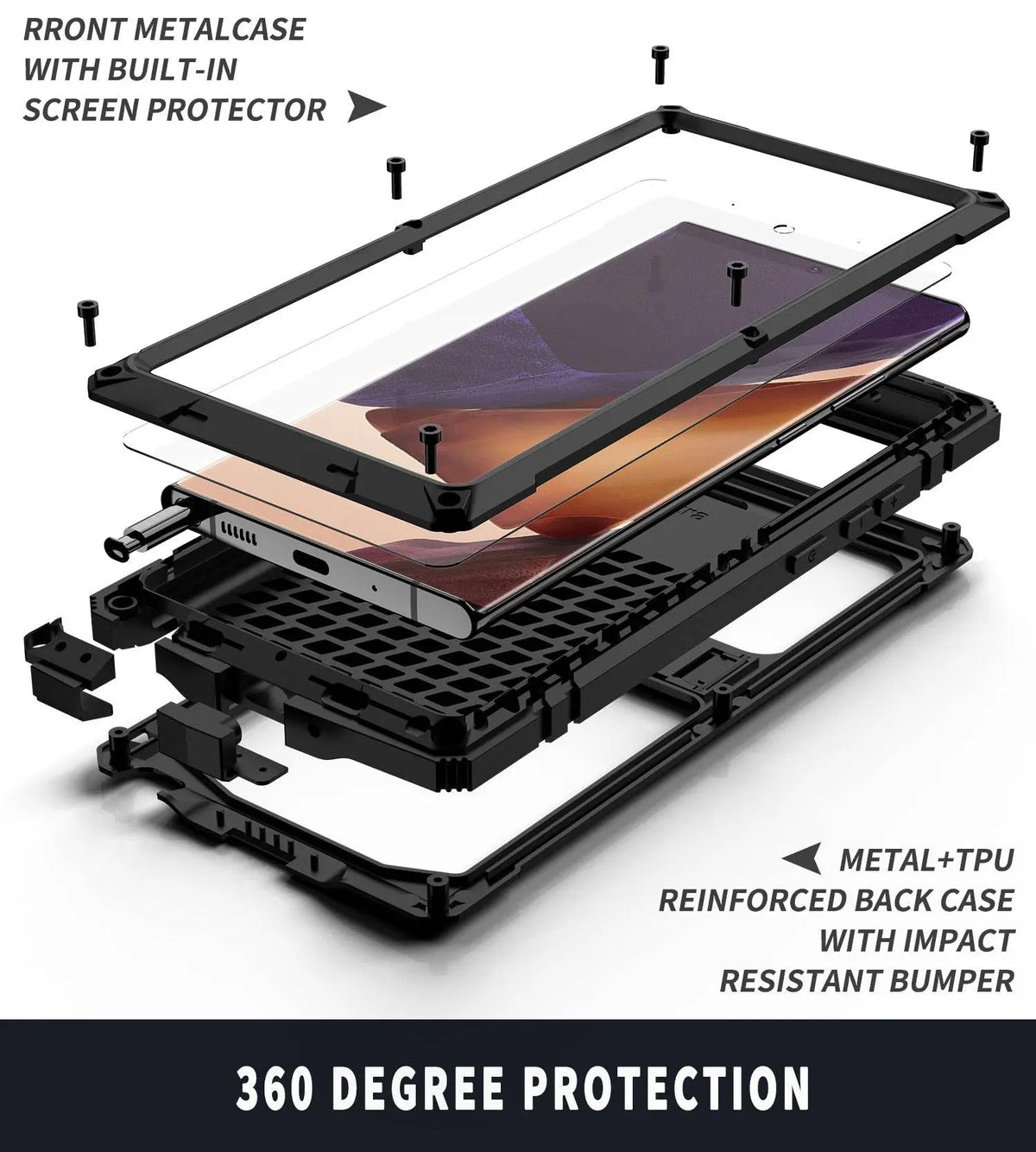Heavy-Duty Aluminum Phone Case for Galaxy Note 20 & Note 20 Ultra – Tempered Glass Screen Guard, Built-In Kickstand, Scratch-Resistant