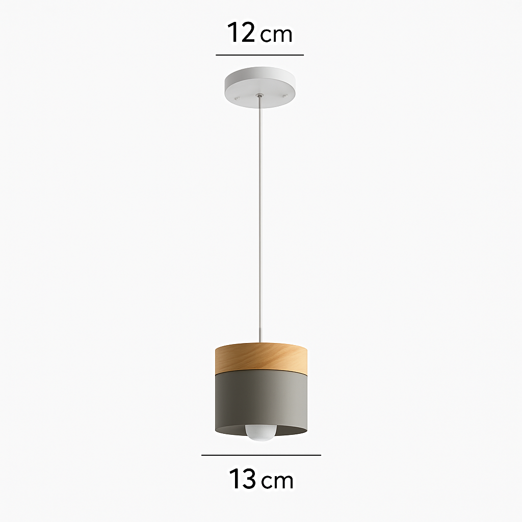 Cylinder Pendant Light with Wood Top and Metal Shade for Kitchen Island | Modern Scandinavian Hanging Fixture with Adjustable Cord for