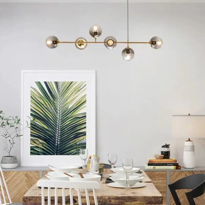 Six-Globe Linear Hanging Fixture with Clear Shades, 47-Inch Aluminum Bar for Over Tables & Islands, Adjustable Height