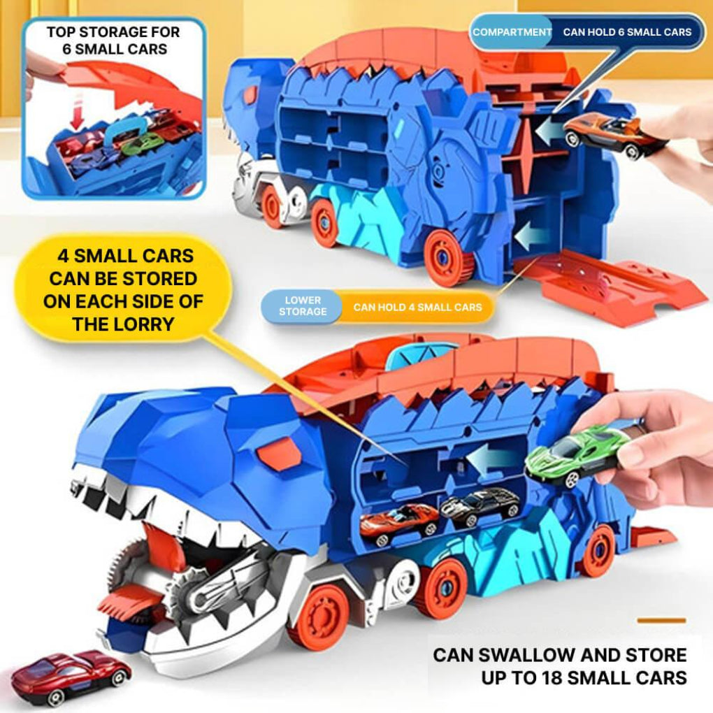 Juego de camión de dinosaurios, camión transportador de juguetes de tiranosaurio para 18 autos, juguete de pista de carreras 3 en 1 con transformación de dinosaurio