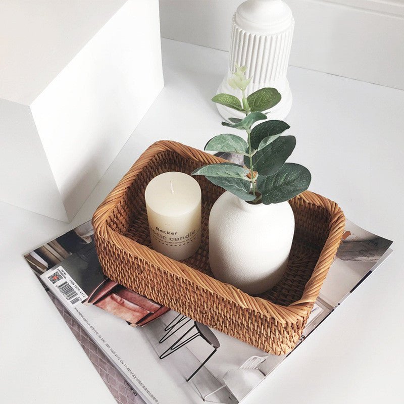 Handwoven Rattan Organizer Tray Natural Basket for Shelves Countertops Drawers Kitchen Bathroom Bedroom Storage Solution Brown Wicker Bin fo