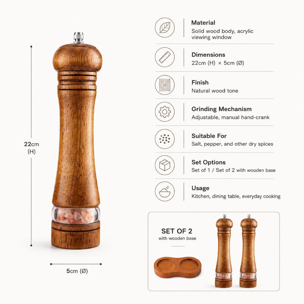 Manual Salt and Pepper Mill Set Adjustable Coarseness Clear Window Natural Wood Finish Handcrank Spice Grinder for Kitchen Dining Table