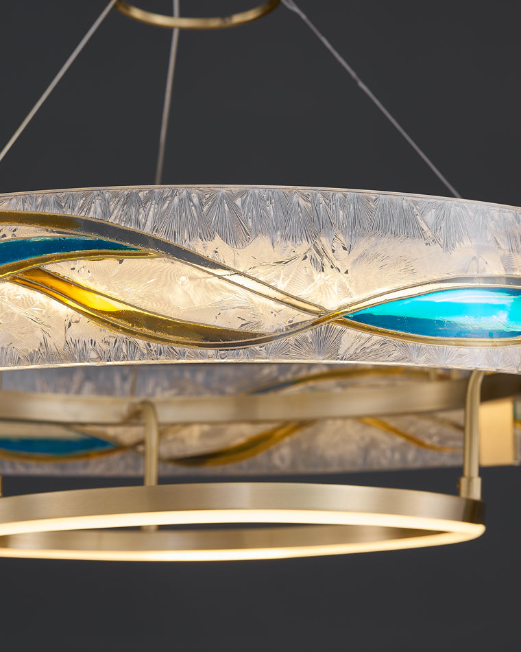 Brass Glass Pendant Fixture Dimmable LED Adjustable Height Round Ceiling Light for Dining Room Kitchen Island Living Room Modern Art Deco Li