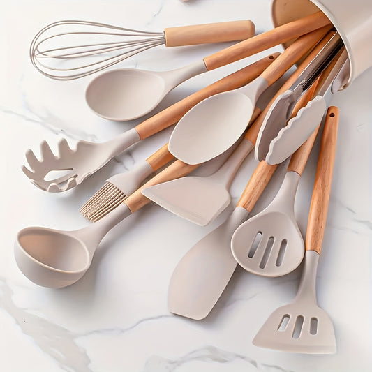 12-Piece Silicone Cooking Utensil Set with Wood Handles Heat Resistant Kitchen Tools for Nonstick Cookware Home Chef Spatula Spoon Whisk