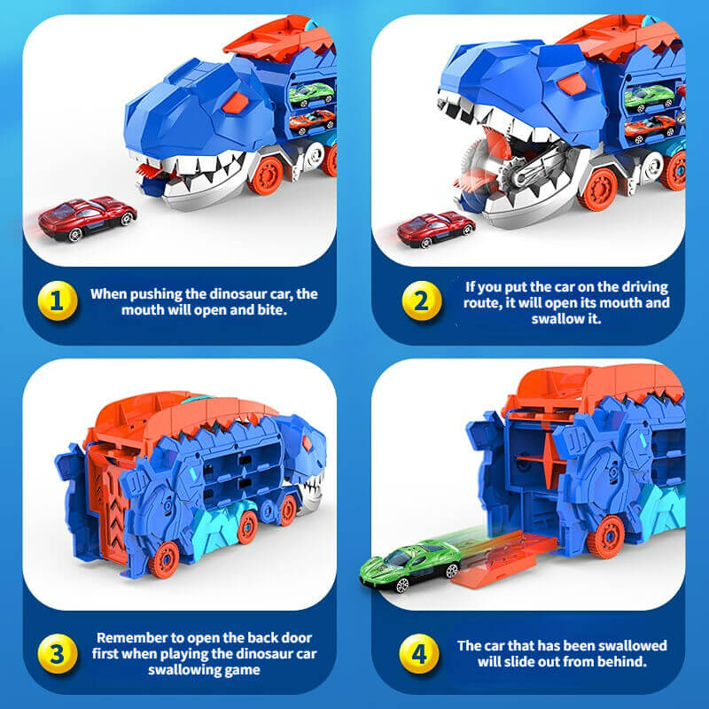 Dinosaur Carrier Truck with Race Track & Die-Cast Cars for Kids - 3-in-1 Transforming T-Rex Hauler for Boys & Girls