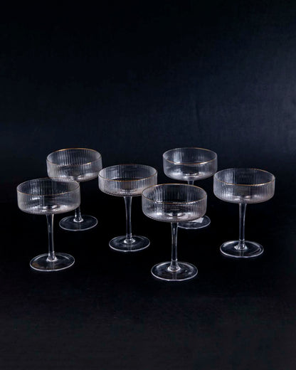 Ribbed Coupe Cocktail Glasses Set of 6 – Elegant Stemless Martini Dessert Serving Glasses for Parties Weddings Entertaining