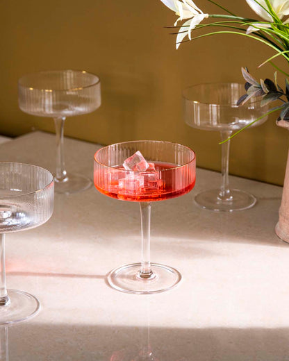 Ribbed Coupe Cocktail Glasses Set of 6 – Elegant Stemless Martini Dessert Serving Glasses for Parties Weddings Entertaining