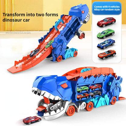 Dinosaur Carrier Truck with Race Track & Die-Cast Cars for Kids - 3-in-1 Transforming T-Rex Hauler for Boys & Girls