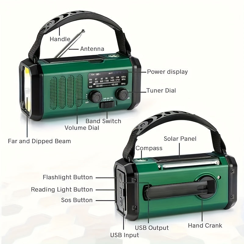 Radio meteorológica de emergencia con panel solar, linterna de manivela, batería externa de 10000 mAh, AM FM NOAA, SOS, brújula, recargable por USB-C, para camping y supervivencia