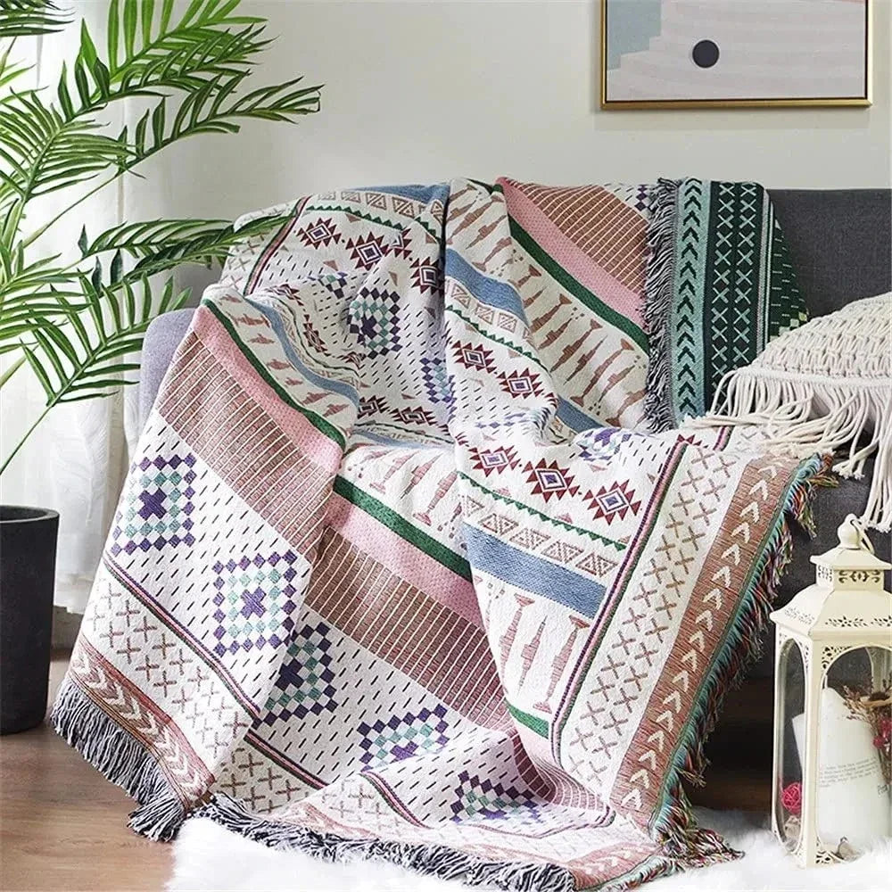 Jacquard Woven Accent Blanket with Fringe for Couch Bed Chair 51x63 in 63x87 in Multicolor Cotton Poly Blend Bohemian Home Decor