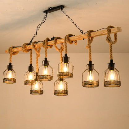 Metal Cage Pendant Light with Rope Accents – Adjustable Industrial Chandelier for Kitchen Island, Dining Room & Bar – E27 Socket