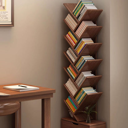 Modern Geometric Storage Tower Shelf Unit 6-12 Open Tiers Walnut Natural Wood for Living Room Study Den Small Spaces