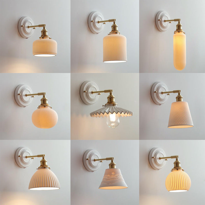 Handcrafted Porcelain Shade Brass Wall Light Fixture Single Bulb Hardwired Sconce for Bedroom Hallway Entryway Vintage Home Decor