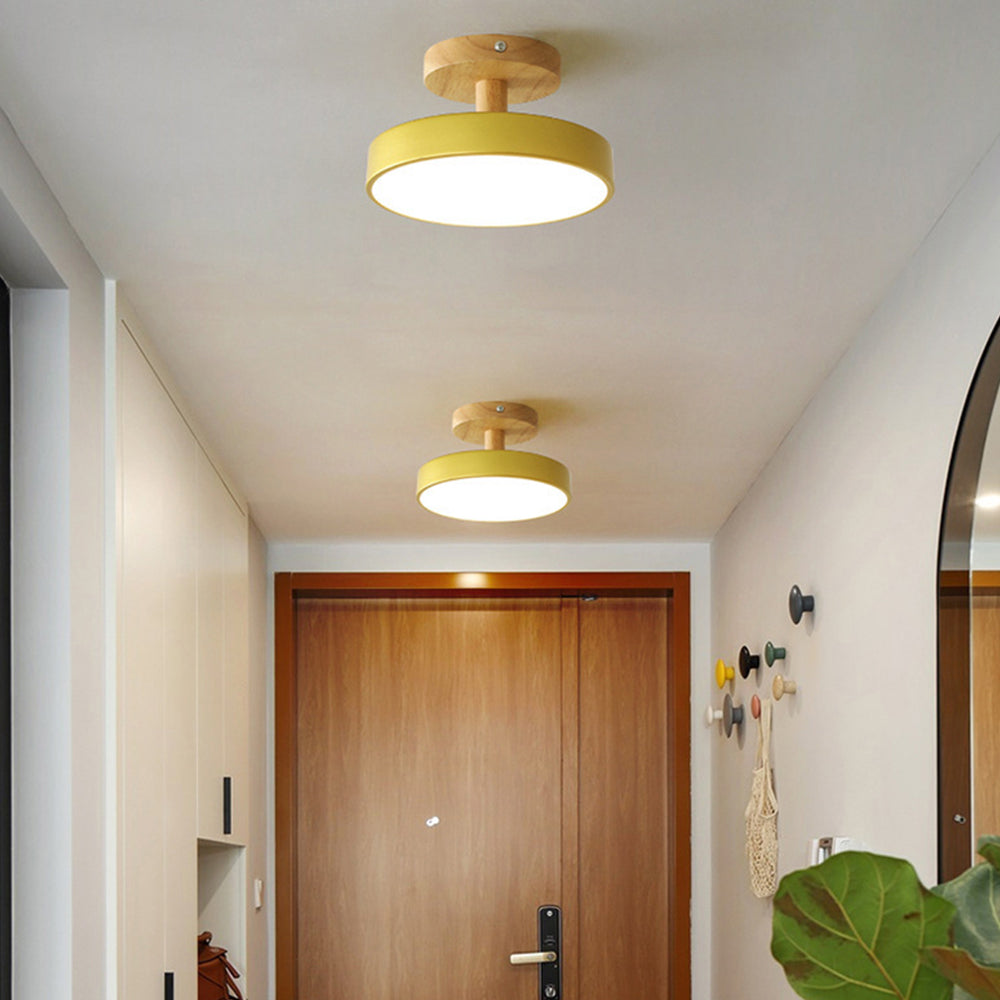 Wood & Metal Flush Mount Ceiling Light | Soft Color LED Fixture for Bedroom, Hallway & Living Room | 12W Scandinavian Style | Modern