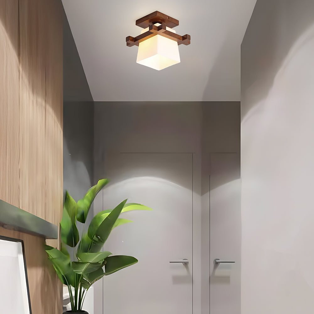 Square Flush Mount Overhead Light Fixture E27 Socket 7.9 Inch White Wood Accent for Bedroom Hallway Living Room Minimalist Scandinavian Mode