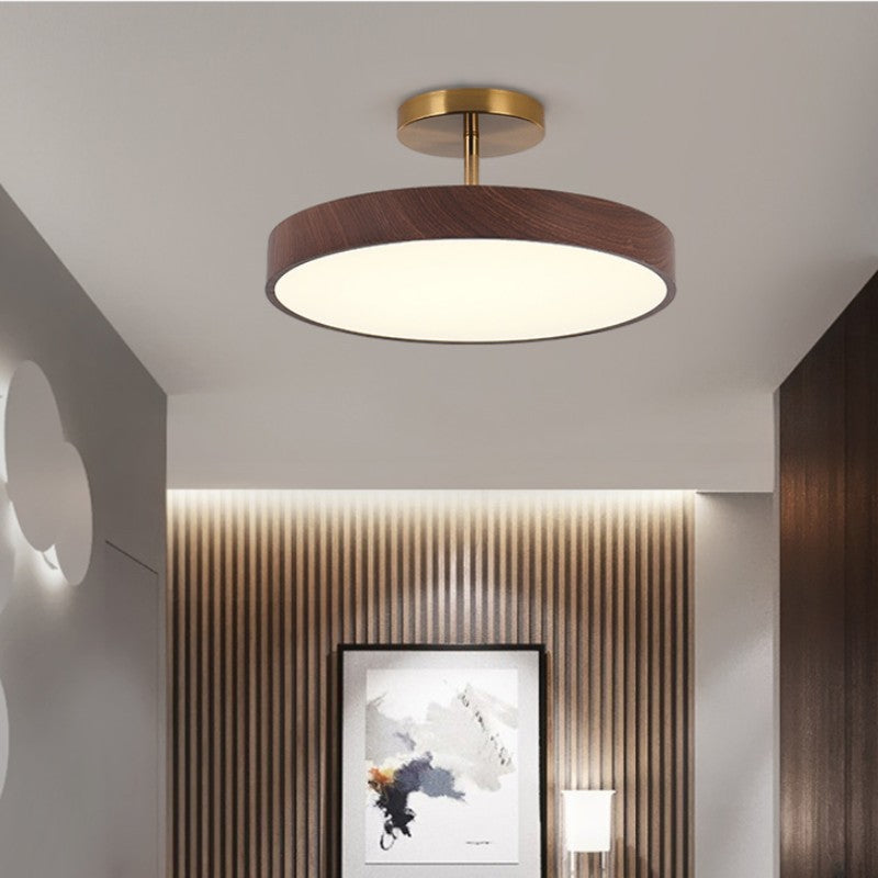 Round Iron Ceiling Light with Wood Grain Finish - Integrated LED Semi-Flush for Bedroom, Living Room & Hallway