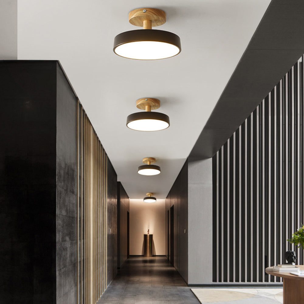Wood & Metal Flush Mount Ceiling Light | Soft Color LED Fixture for Bedroom, Hallway & Living Room | 12W Scandinavian Style | Modern