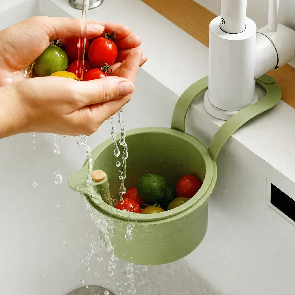 Tap-Mounted Food Scrap Catcher with Push-Button Release 8×5.6×5.1 Inches for Veggie Prep Scraps Fruit Washing Over-Sink Waste Bin
