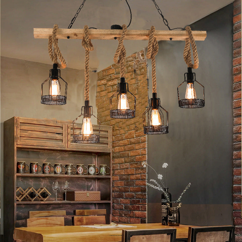 Metal Cage Pendant Light with Rope Accents – Adjustable Industrial Chandelier for Kitchen Island, Dining Room & Bar – E27 Socket