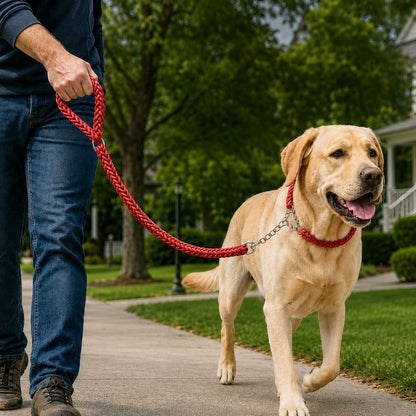 Ortekor Heavy-Duty Braided Dog Leash with Chain-Control Collar for Strong Pullers - Daily Walking & Training