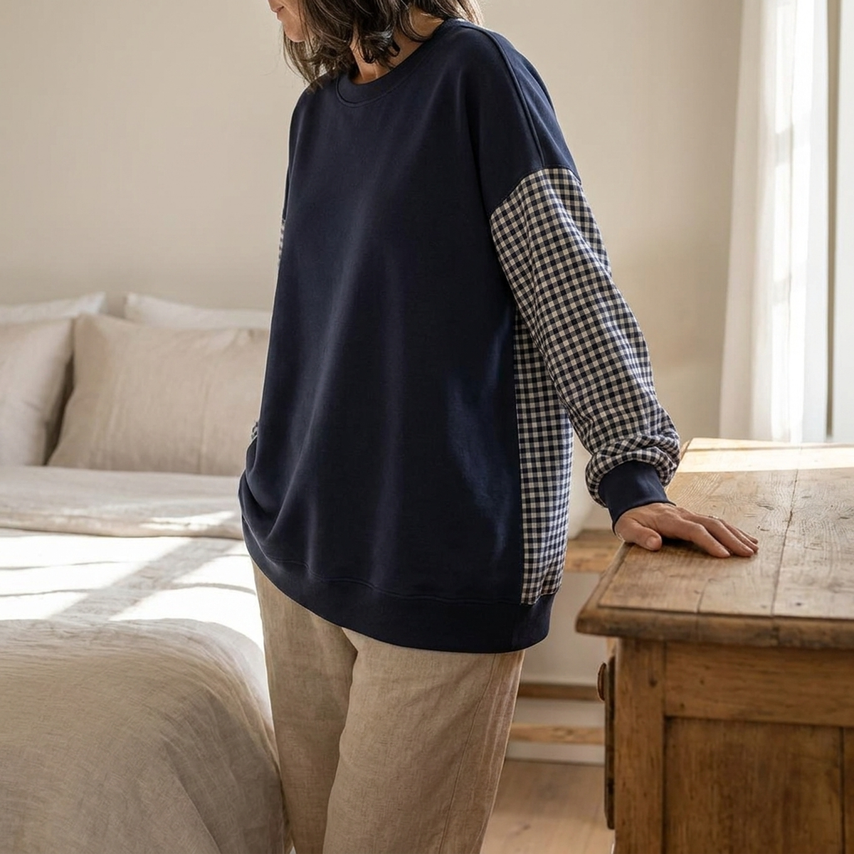 CHECKELLE – Relaxed Patchwork Crew Neck Top