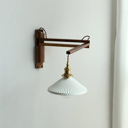 Extending Wall Sconce with Ribbed Glass Shade and Wood Arm for Bedroom, Living Room & Hallway Reading Light