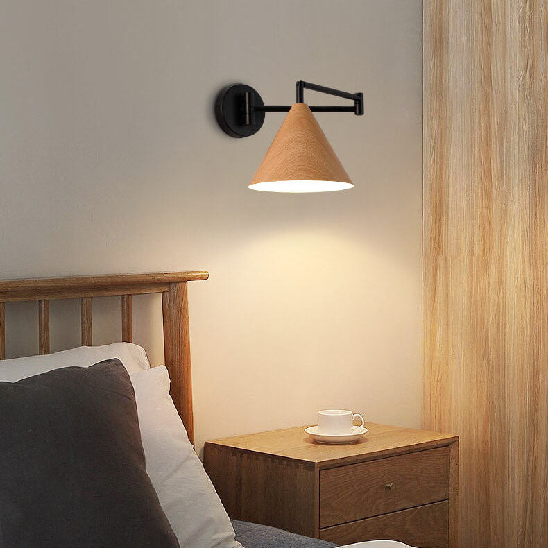 Adjustable Swing Arm Wall Light with Tapered Metal Shade - Hardwired Single Bulb Fixture for Bedside Reading & Living Spaces