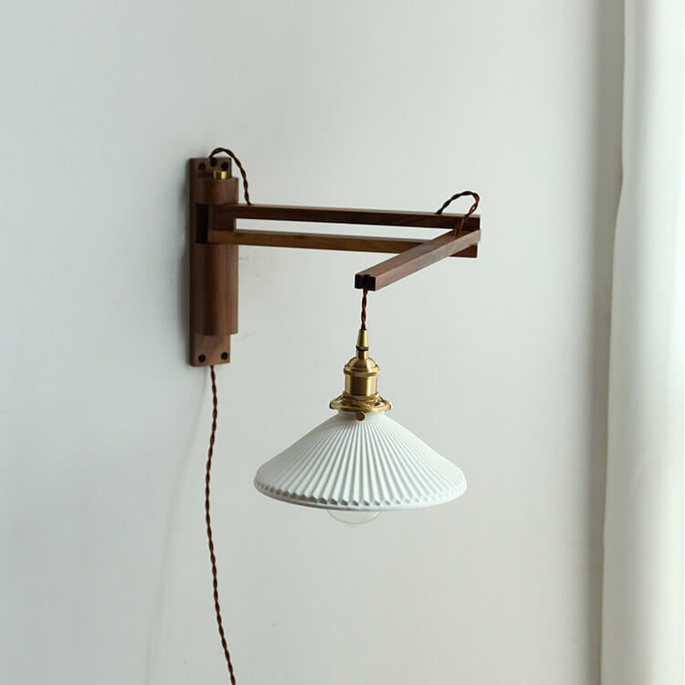 Swing-Arm Sconce with Ribbed Glass Shade 8.3 Inch Light Wood Walnut Brass Accent Fixture for Bedroom Hallway Entryway Reading Adjustable Mou