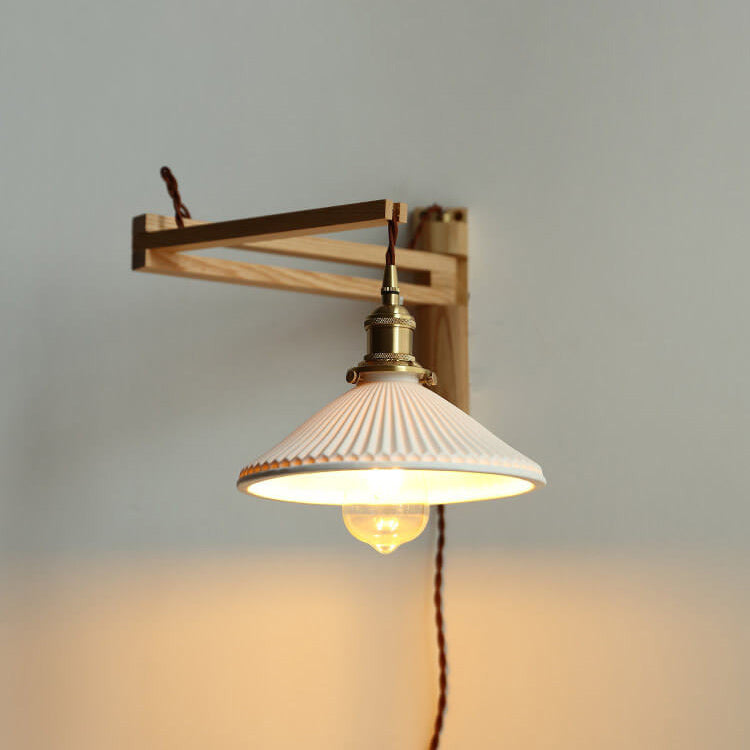 Swing-Arm Sconce with Ribbed Glass Shade 8.3 Inch Light Wood Walnut Brass Accent Fixture for Bedroom Hallway Entryway Reading Adjustable Mou