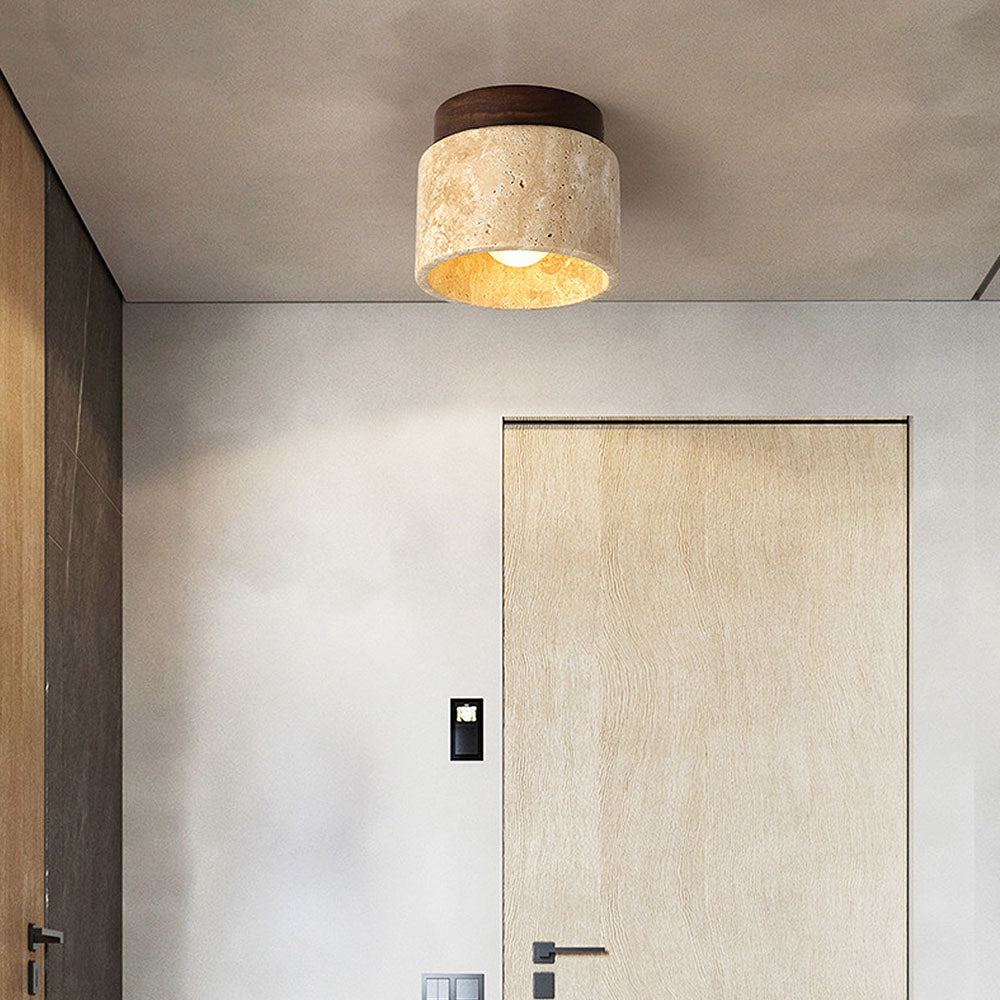 Flush Mount Stone & Wood Light Fixture 10 in Round Natural Beige for Low Ceilings Bedroom Entryway Cozy Overhead Lighting E26 Base