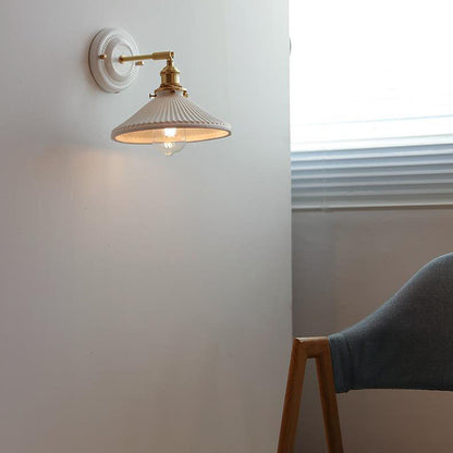 Pleated Shade Wall Sconce Lamp with Brass Arm for Bedroom Living Room & Study | Retro Japanese Style Ceramic Fixture
