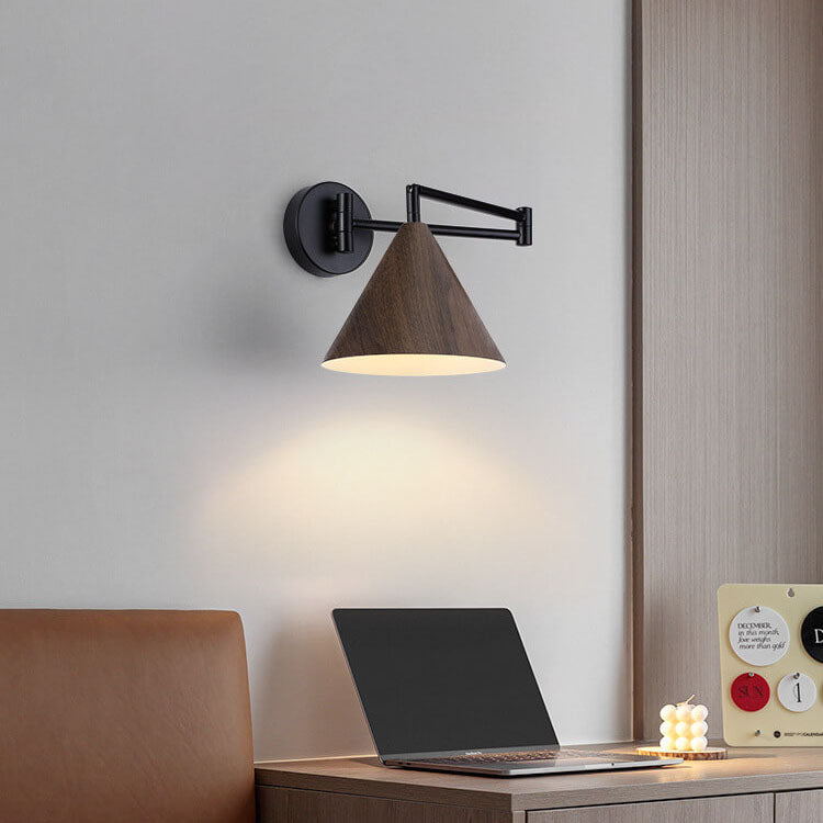 Swing Arm Wall Sconce with Conical Shade for Bedside Reading, Adjustable Iron Fixture in Walnut Finish, E26 Base, Bedroom Task Light