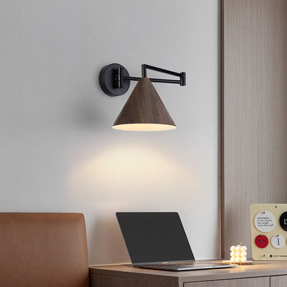 Swing Arm Wall Sconce with Conical Shade for Bedside Reading, Adjustable Iron Fixture in Walnut Finish, E26 Base, Bedroom Task Light